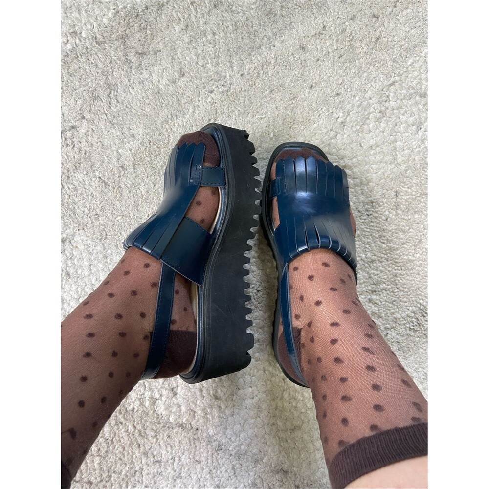 All Black Kiltie Navy Fringe Platform Chunky Sandals
